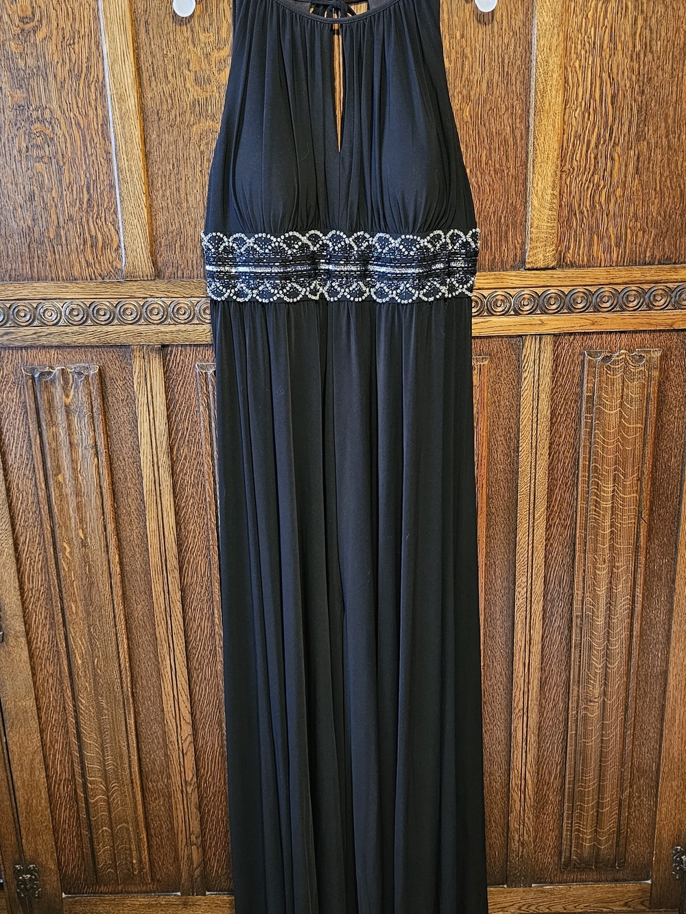R & M Richards Black Halter Maxi Dress with Beaded Waist